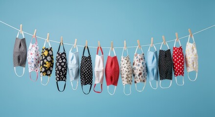 Colorful Reusable Fabric Face Masks in Various Patterns Hanging on a Clothesline Against a Blue Background