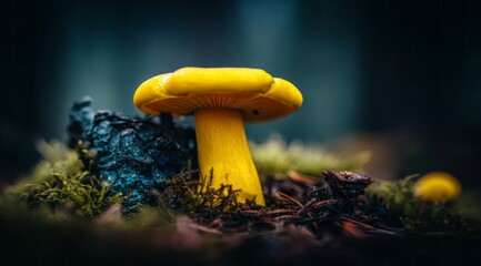 Delicate golden chanterelle mushroom nestling among moss-covered woodland ground, surrounded by fallen autumn leaves in enchanting forest environment. Mushroom nestling on mossy forest floor.