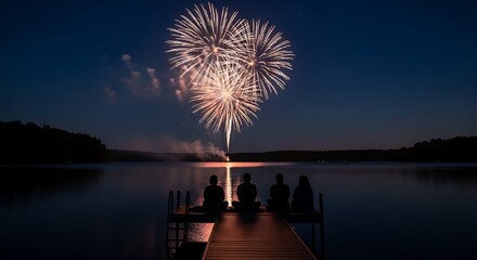 People watching fireworks display over lake from dock at night, Happy Fourth of July