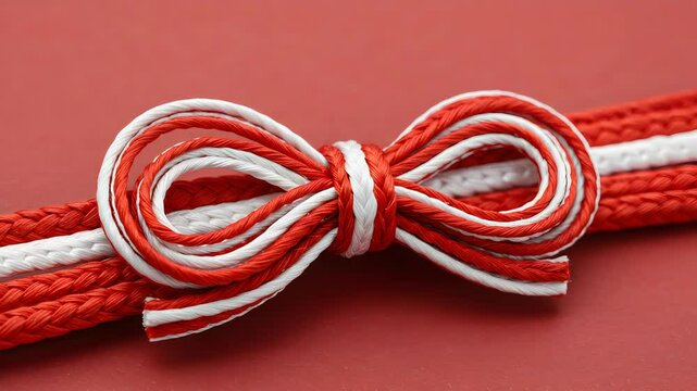 Elegant Red and White Decorative Knotted Cord Bow on Vibrant Red Background