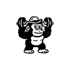 A gorilla wearing a hat, lifting weights