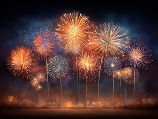 夜空に咲く色鮮やかな黄色と紫の花火