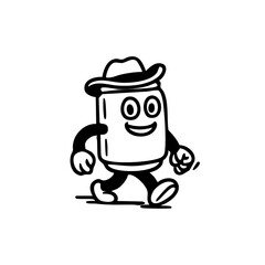 A cartoon can character wearing a cowboy hat, walking