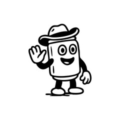 Cartoon character, a rectangular shape with a cowboy hat, waving