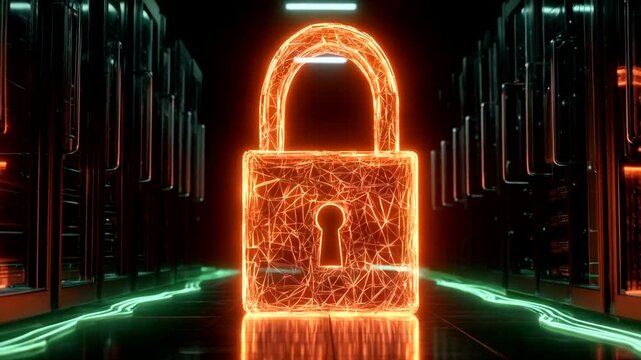 Illuminated padlock symbol in a server room