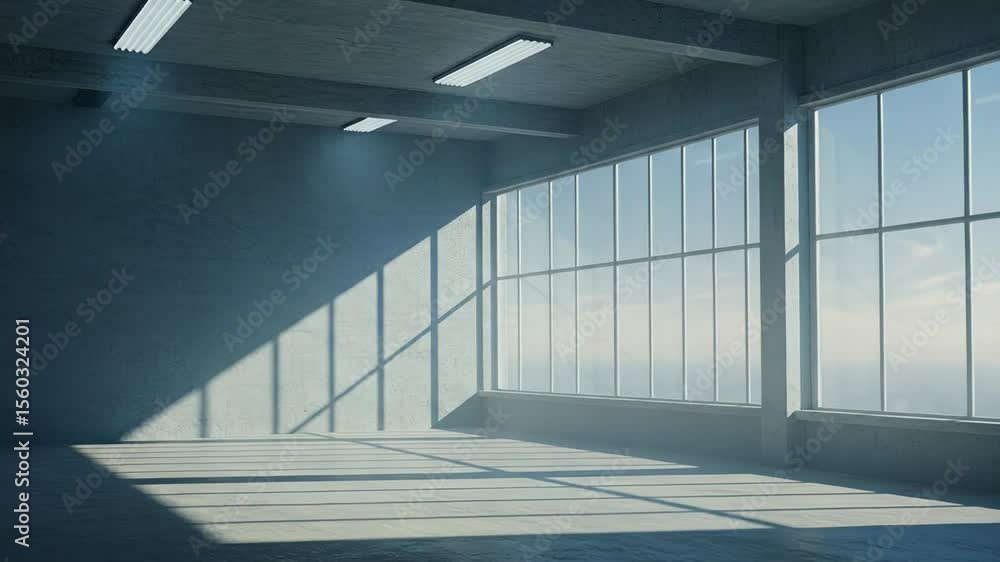Poster empty gray warehouse with large windows under natural sunlight and rectangular ceiling lights in ind