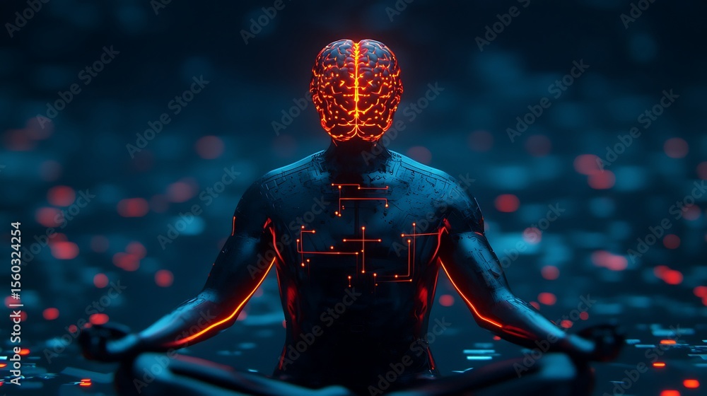 Aufkleber a futuristic humanoid figure meditates, illuminated by glowing red neural circuits and digital patte