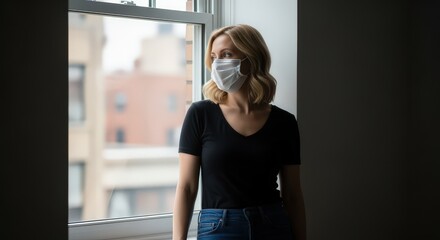 Thoughtful Young Woman Wearing White Face Mask Looking Out Urban Window