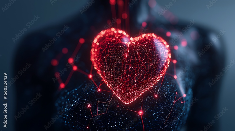 Poster a glowing digital heart composed of interconnected red nodes and lines floats over a dark, abstract 