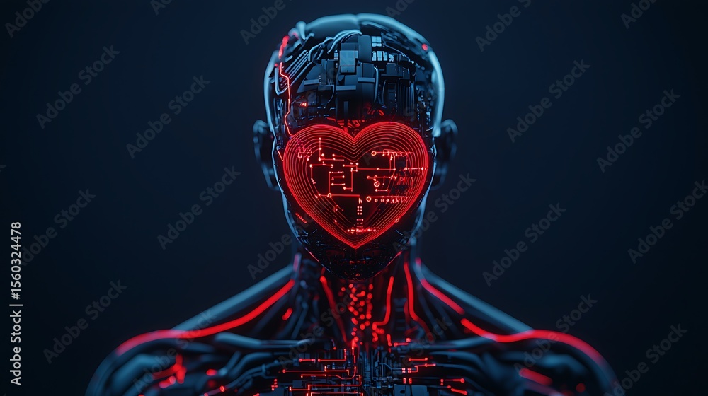 Poster a futuristic humanoid robot features a glowing red heart made of circuits, symbolizing the fusion of