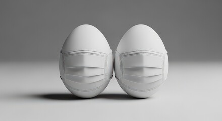 Two White Eggs Wearing Protective Face Masks on a Clean Grey Background