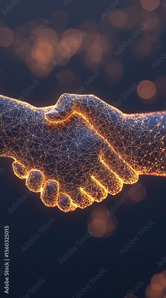 Poster two digital hands composed of glowing interconnected lines and nodes engage in a handshake against a
