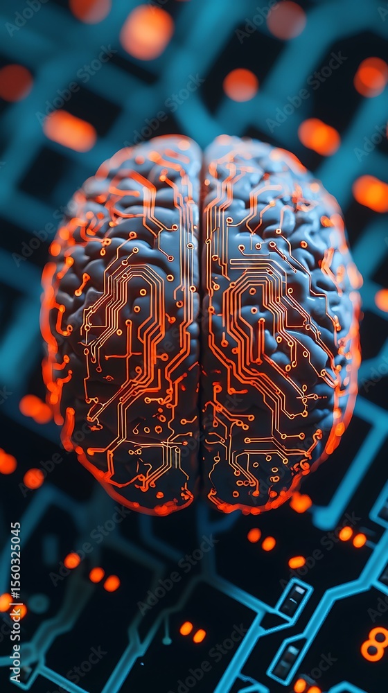Poster a digital representation of a human brain with glowing circuitry patterns, symbolizing the fusion of