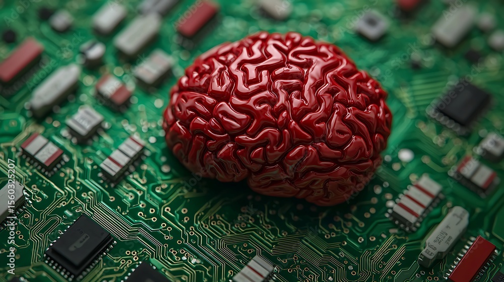 Poster a red human brain model resting on a green printed circuit board symbolizing the connection between 