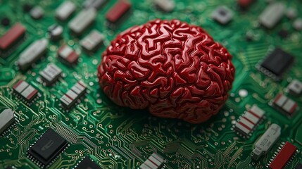 A red human brain model resting on a green printed circuit board symbolizing the connection between human intelligence and technology.
