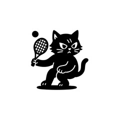 Black cat holding a tennis racket and ball