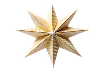 Folded paper star ornament with textured surface and golden edges isolated on a transparent background