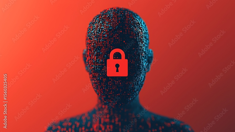 Poster a digital human silhouette composed of glowing data points with a red padlock symbol on the face, sy