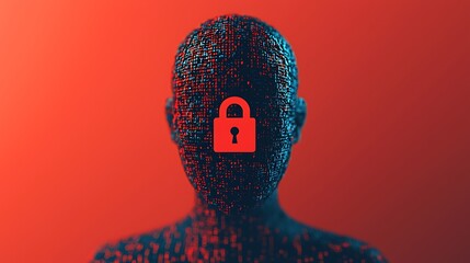 A digital human silhouette composed of glowing data points with a red padlock symbol on the face, symbolizing cybersecurity and data privacy.