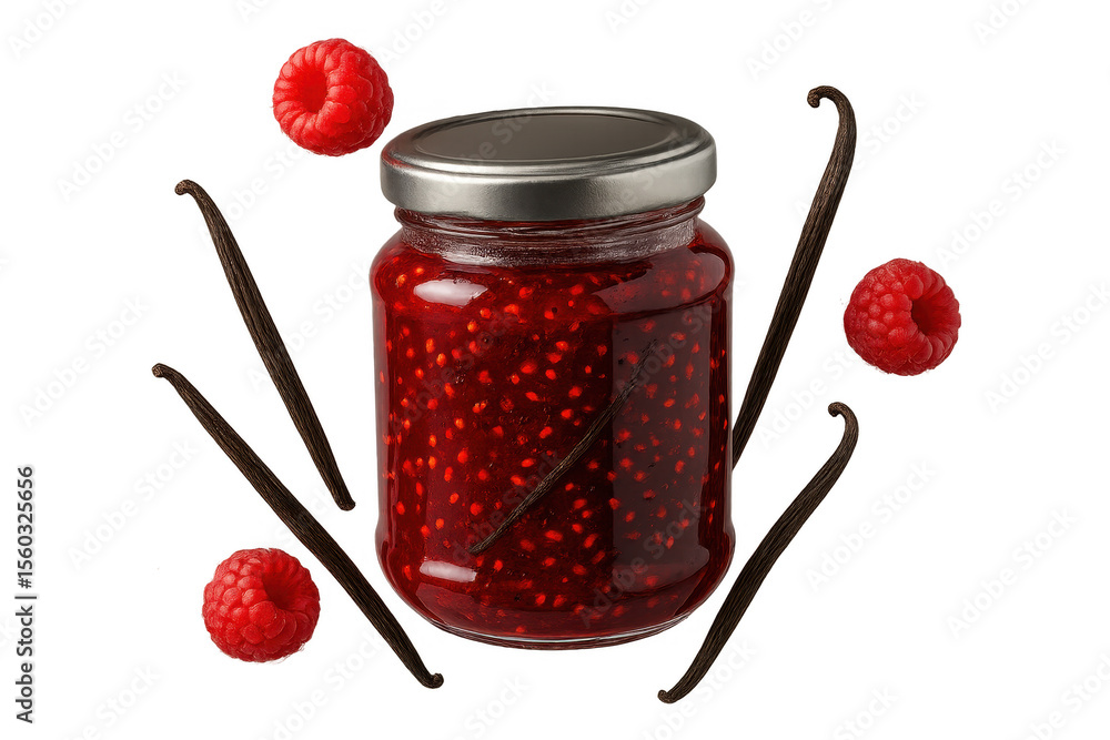 Poster raspberry jam jar with fresh berries and vanilla pods isolated on transparent background