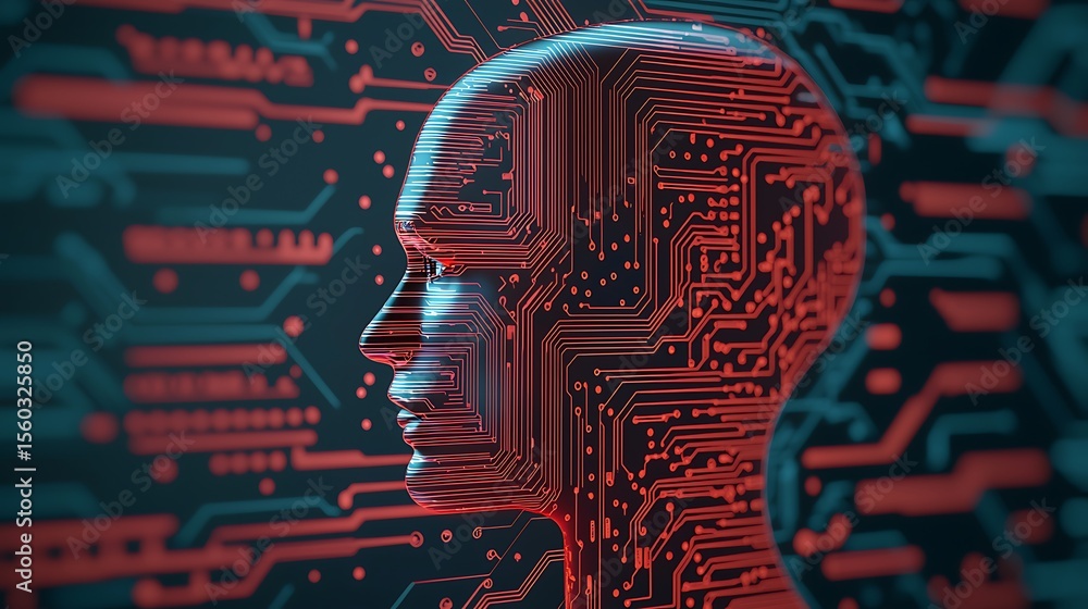 Poster a digital human head composed of red and blue circuit board patterns, symbolizing artificial intelli