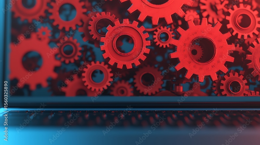 Poster red mechanical gears interlock inside a transparent blue container, symbolizing complex machinery an