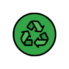 Recycling Icon Inside Solid Green Round Shape with Bold Black Arrows and Simple Cartoon Design