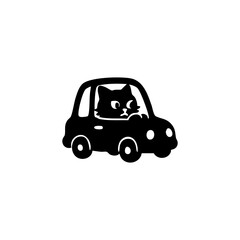 Black cat driving a simple car