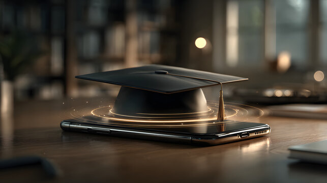 Graduation cap digitally appears above smartphone, symbolizing online education.