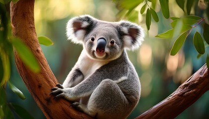 Fototapeta premium cute koala sitting on tree branch surrounded by lush green foliage in natural habitat