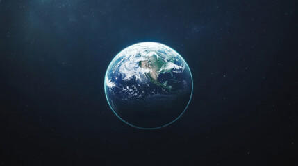 Naklejka premium Glowing digital globe of Earth floating in dark space with visible continents and cloud patterns