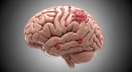 Human Brain with Cancer Cells and Tumors Scientific Illustration of Neurological Disease and Metastasis Medical Concept