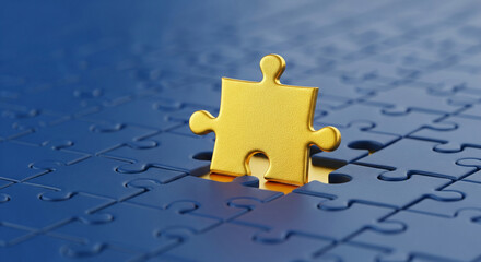 Golden puzzle piece fitting into blue puzzle, showcasing completion, solution, and unity concept