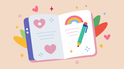 A journal filled with positive affirmations written in colorful markers and decorated with uplifting stickers.. Vector illustration