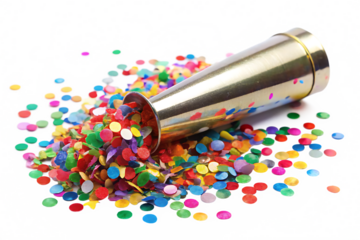 Golden party popper spilling colorful confetti and stars on white surface isolated on a transparent background