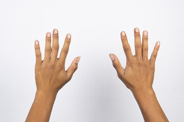 Hands with dirty nails isolated on white background. Dirt under the nails is a source of infection...