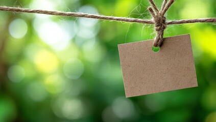Minimalistic background with an empty brown card on the right, tied with twine and hanging from above. The bottom of the tag is visible in front of a blurred green natural background. Close-up shot 