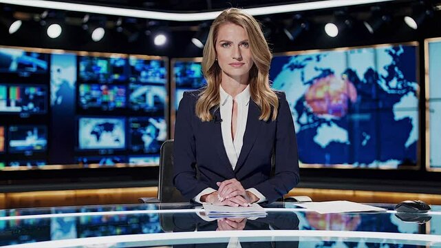 Seamless Loop video of Live TV anchor reading news in suit jacket from studio desk,Generative AI