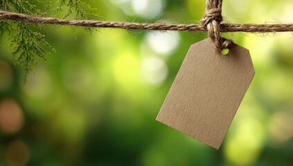 Minimalistic background with an empty brown card on the right, tied with twine and hanging from above. The bottom of the tag is visible in front of a blurred green natural background. Close-up shot 