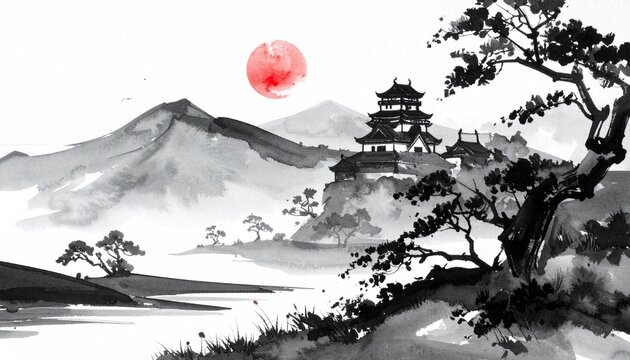 Sumi-e Style Landscape with Japanese Castle, Red Sun, and Mountain Scenery in Ink Painting