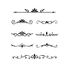 Obraz premium Gold text dividers doodle set. Wedding decorative elements. ornament, borders, floral, vintage line separators. Hand drawn vector illustration isolated on white background. Set page dividers. 