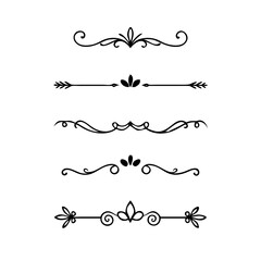 Gold text dividers doodle set. Wedding decorative elements. ornament, borders, floral, vintage line separators. Hand drawn vector illustration isolated on white background. Set page dividers.
