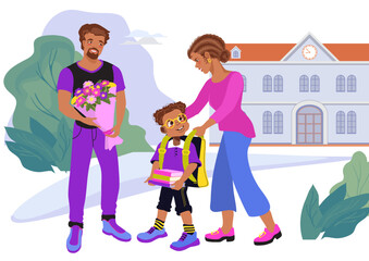 Father, mother, and son are walking to school. Happy family concept. Joyful family, parenting. Loving parents and child are talking and smiling. Flat vector illustration of mom, dad and schoolboy.