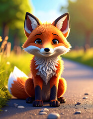Fototapeta premium Adorable animated fox with fluffy orange fur and bright eyes sits on a peaceful nature trail in warm afternoon sunlight.