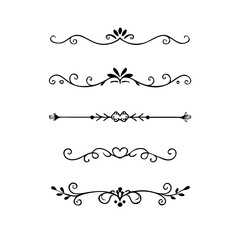 Gold text dividers doodle set. Wedding decorative elements. ornament, borders, floral, vintage line separators. Hand drawn vector illustration isolated on white background. Set page dividers.
