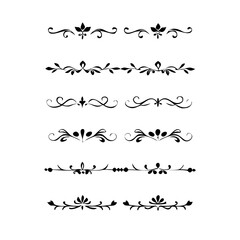 Gold text dividers doodle set. Wedding decorative elements. ornament, borders, floral, vintage line separators. Hand drawn vector illustration isolated on white background. Set page dividers.
