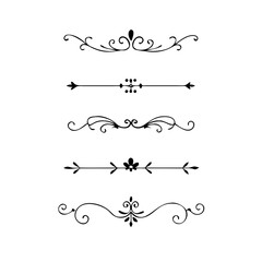 Gold text dividers doodle set. Wedding decorative elements. ornament, borders, floral, vintage line separators. Hand drawn vector illustration isolated on white background. Set page dividers.
