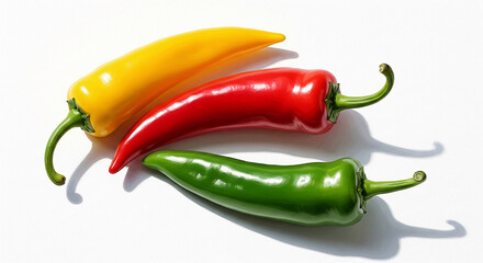 Three glossy peppers: yellow, red, green, arranged on white background.  Vibrant colors symbolize freshness, health, and spice