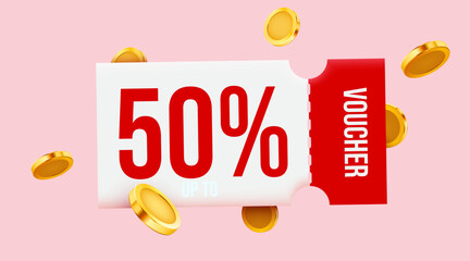 3d coupon with golden coins and present box. Special giveaway with coupons or voucher, percentage off. Gift voucher template. Vector illustration