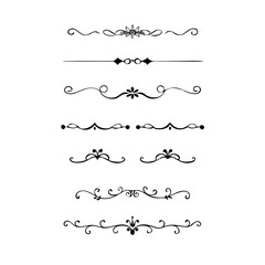 Obraz premium Gold text dividers doodle set. Wedding decorative elements. ornament, borders, floral, vintage line separators. Hand drawn vector illustration isolated on white background. Set page dividers. 